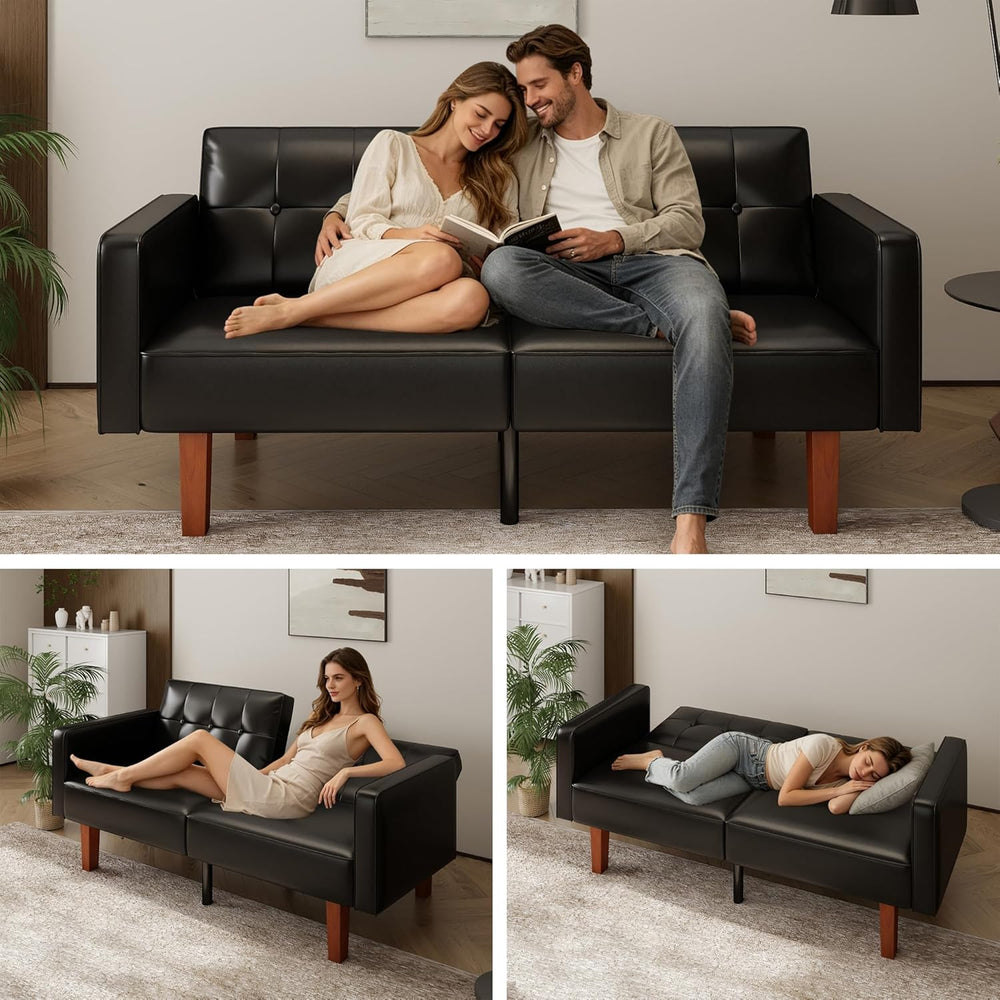 mikibama Convertible PU Leather Black Futon Sofa Bed with Split Back,Mid Cent...