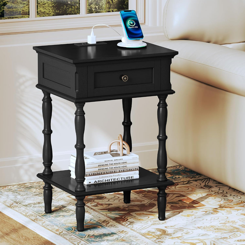 ARTPOWER Nightstands Set of 2 with Charging Station & Storage Shelf, Black | Small Retro Wood Beside Table for Bedroom, Living Room, Tree-Veneer, Minimal Assembly