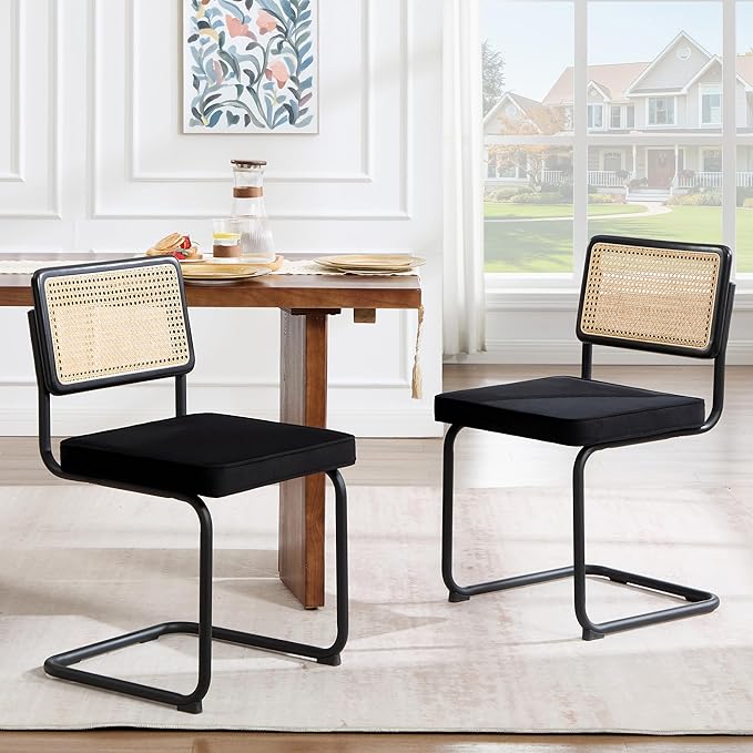 Zesthouse Natural Rattan Dining Chairs Set of 4, Modern Dining Room Chairs with Solid Wood Back for Kitchen Living Room, Mid Century Breuer Design Inspired, Upholstered Velvet Fabric, Black