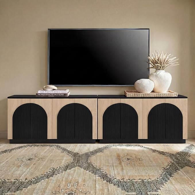 Yechen Fluted TV Stand with Arched Reeded Design Doors, Modern Entertainment Center with Storage for Up to 98 Inch, TV Media Console, TV Cabinet for Living Room, Bedroom/Black/Natural(2 PCS)