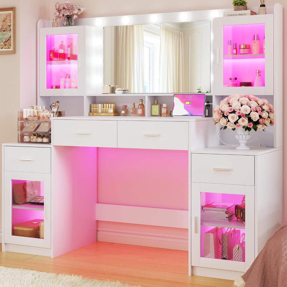 HUAHUU Large Vanity Desk with Mirror & Lights, 54.3'' Makeup Vani...