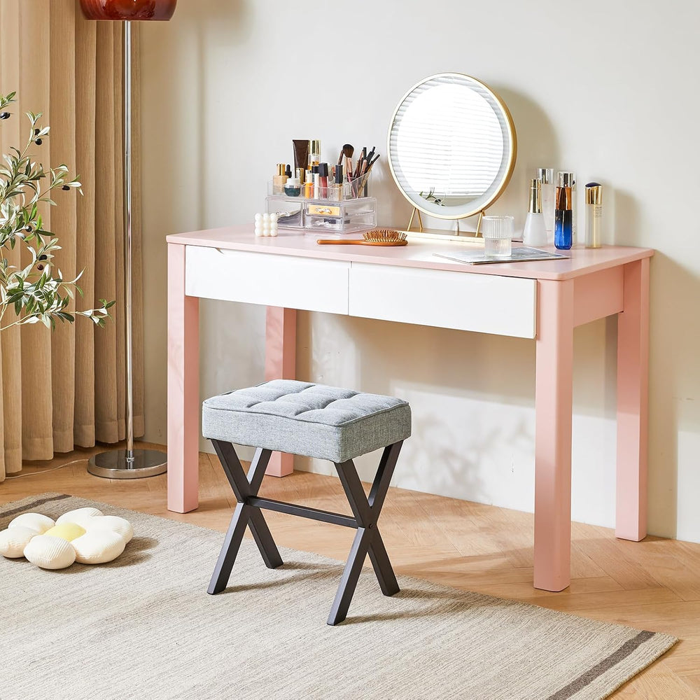 IBUYKE Square Makeup Stool with X-Leg, Linen Vanity Chair, Blue Gray LG-70L