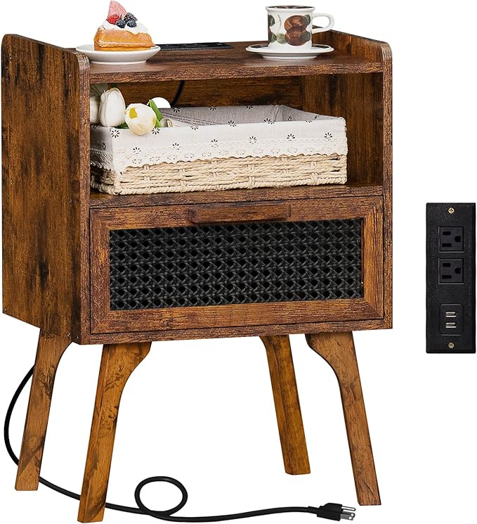 Lerliuo Rattan Nightstand with Charging Station, Side Table with Drawer Open ...