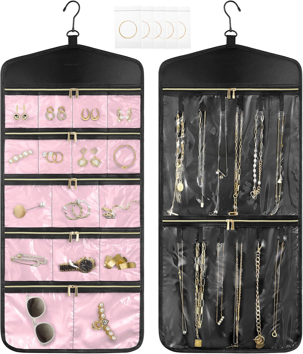 CHICECO Travel Jewelry Holder Organizer,Hanging Jewelry Organizer Storage with Zippered Pockets for Cloest,Jewelry Holder for Earrings, Necklaces (Pink Black)