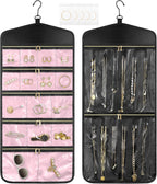 CHICECO Travel Jewelry Holder Organizer,Hanging Jewelry Organizer Storage with Zippered Pockets for Cloest,Jewelry Holder for Earrings, Necklaces (Pink Black)
