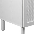Sango Orre 2-Door Cabinet, Modern White Storage Cabinet with Synthetic Rattan Door Panels, Adjustable Shelf, Cylindrical Wood Legs, Discreet Finger Pulls, Elegant Furniture for Office or Living Room