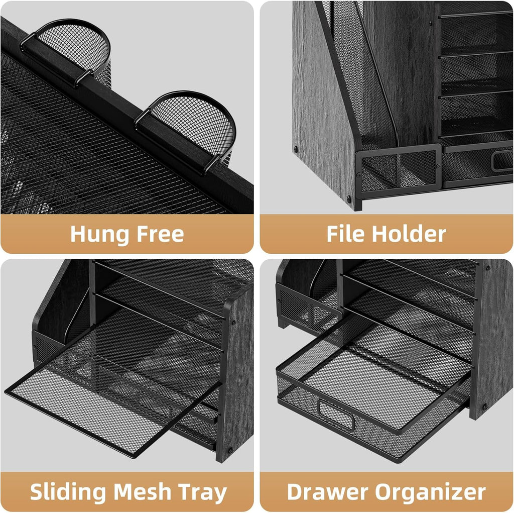 Marbrasse Desk Organizer with File Holder, 5-Tier Paper Letter Tray Organizer with Drawer and 2 Pen Holder, Mesh Desktop Organizer and Storage with Magazine Holder for Office Supplies (Wood-Black)