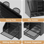 Marbrasse Desk Organizer with File Holder, 5-Tier Paper Letter Tray Organizer with Drawer and 2 Pen Holder, Mesh Desktop Organizer and Storage with Magazine Holder for Office Supplies (Wood-Black)