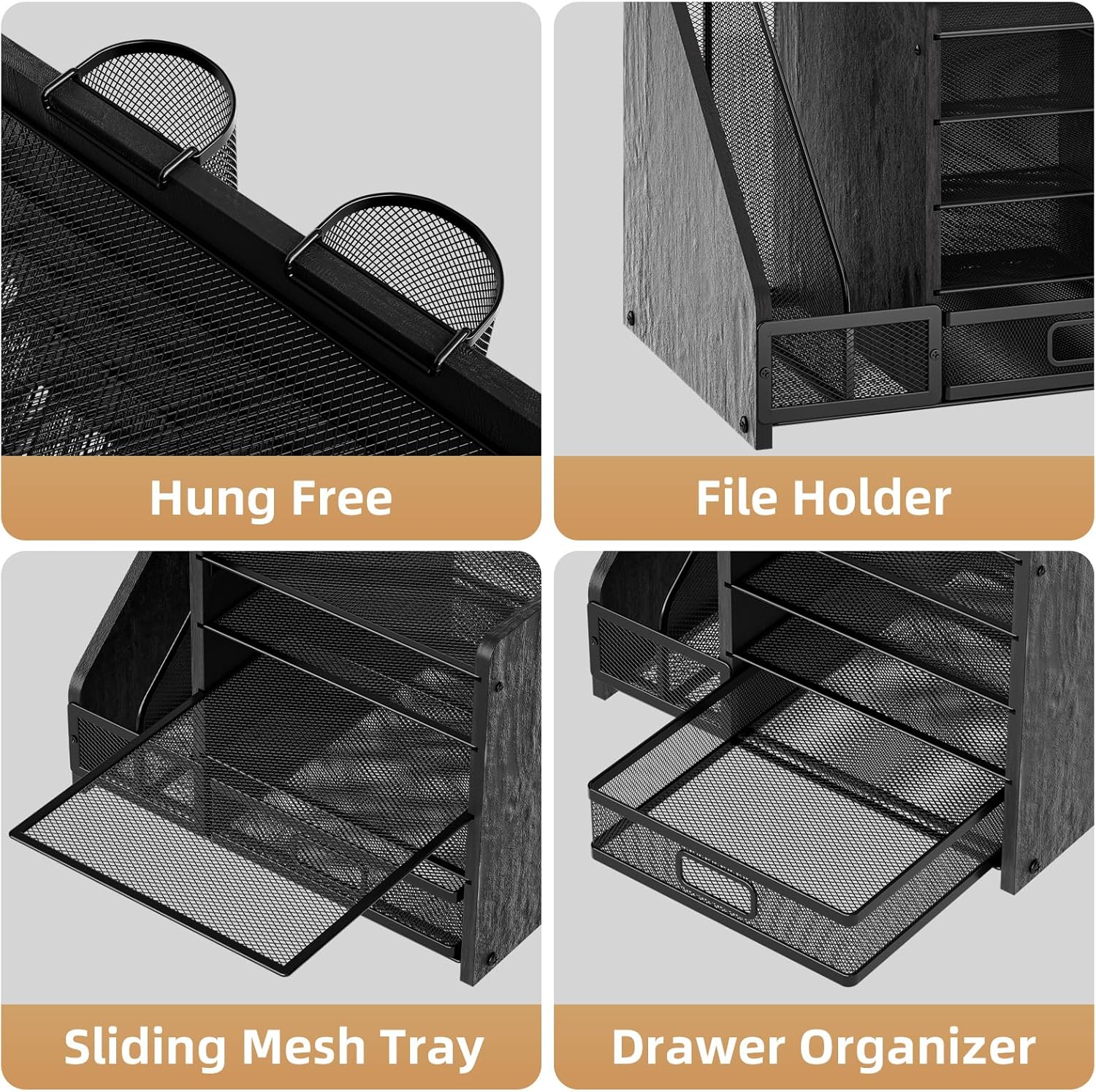 Marbrasse Desk Organizer with File Holder, 5-Tier Paper Letter Tray Organizer with Drawer and 2 Pen Holder, Mesh Desktop Organizer and Storage with Magazine Holder for Office Supplies (Wood-Black)