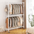 BATHWA Heavy Duty Garment Rack on Wheels, Rolling Clothes Racks for hanging clothes, Modern Closet Wardrobe Clothing Rack with 8 Side Hangers, White