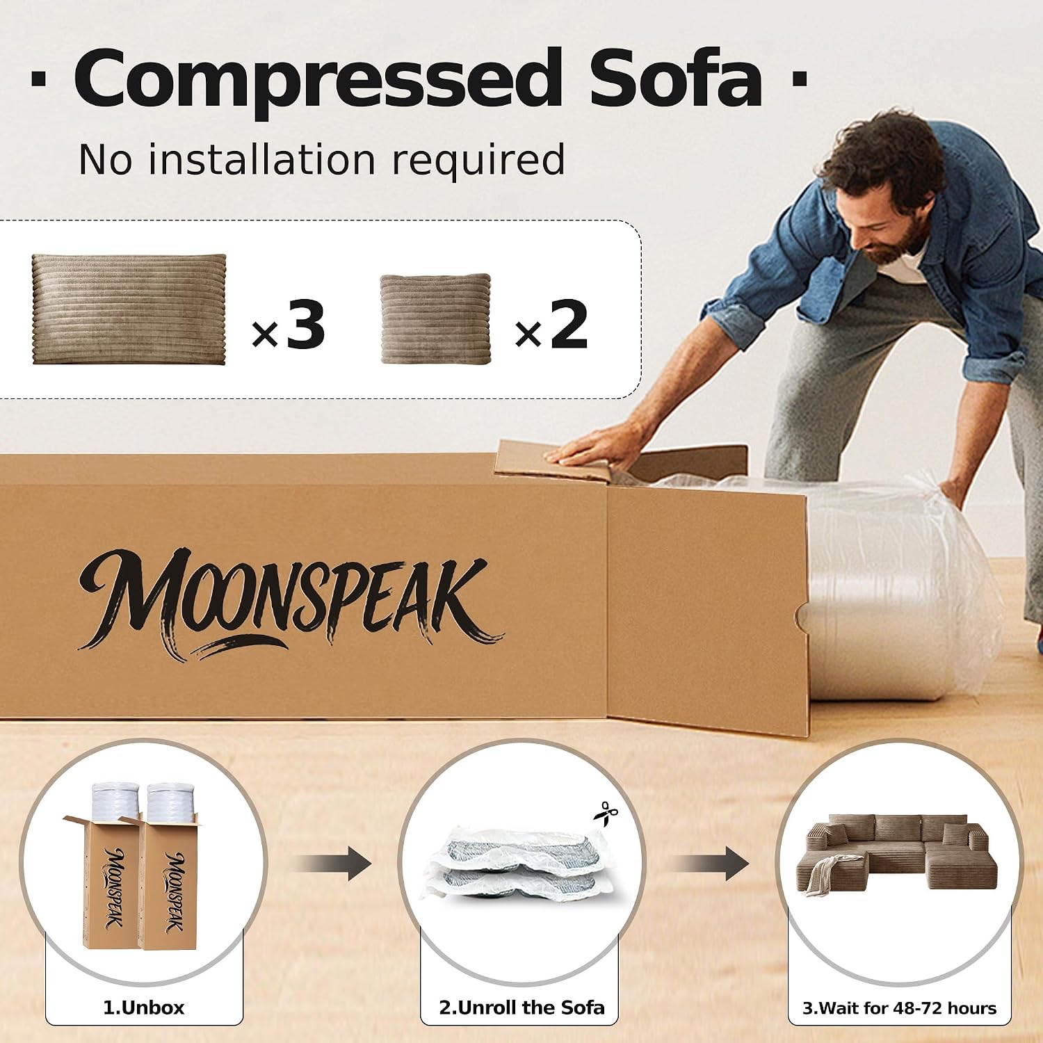 MoonSpeak 108" Boneless Sectional Cloud U Shaped Couch, Khaki | deep seat, 2 movable ottomans, soft corduroy fabric, no assembly, compressed delivery for living rooms