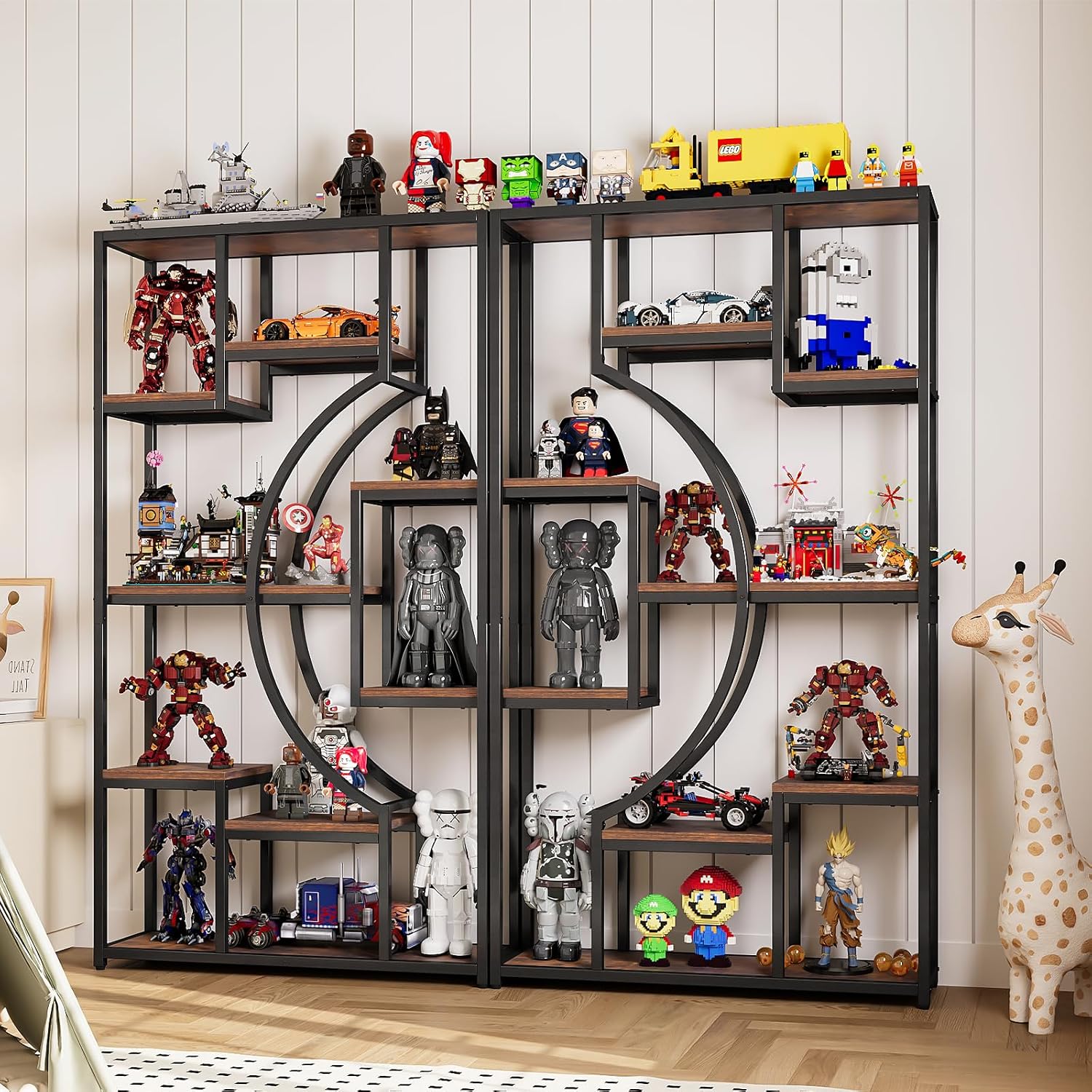 70.8" Tall Bookshelf Set of 2, 79" Wide Geometric Display Shelf with 18 Open Storage Shelves, Etagere Bookcase with Metal Frame – Anti-Tip & Adjustable Feet, Rustic Brown