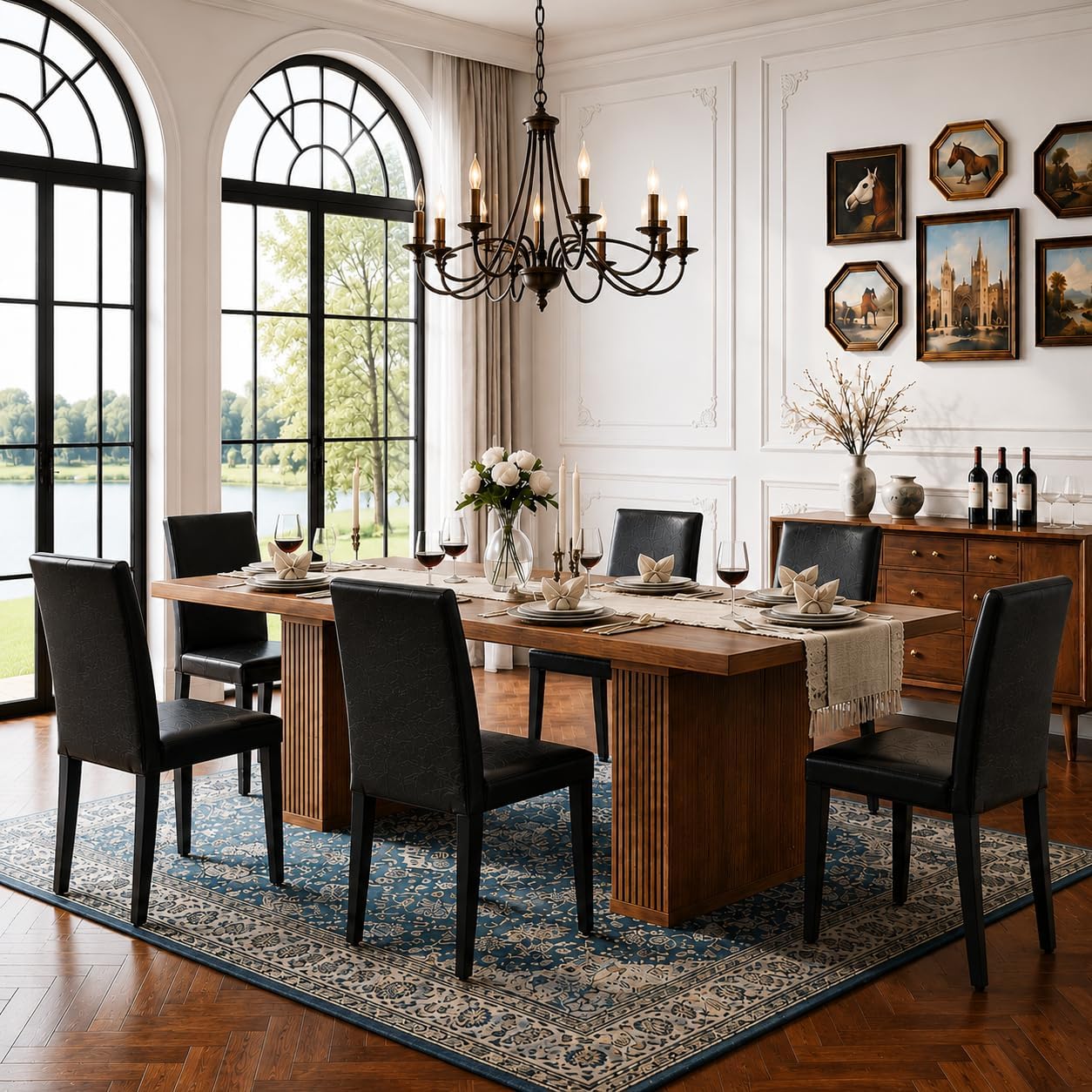 Extendable Dining Table Set for 6, 63-79 Inch Rectangle Kitchen Table Set with 6 Black Faux Leather Chairs,for Home,Kitchen Dining Room Farmhouse,Storage,Walnut Wood Finish