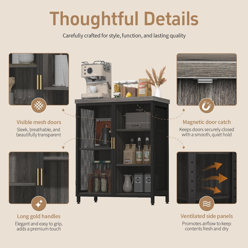Coffee Bar Cabinet with Adjustable Shelves,Liquor Cabinet with Wire Mesh Doors,Space-Saving Buffet Cabinet, for the Kitchen, Dining Room, and Living Room, Gray