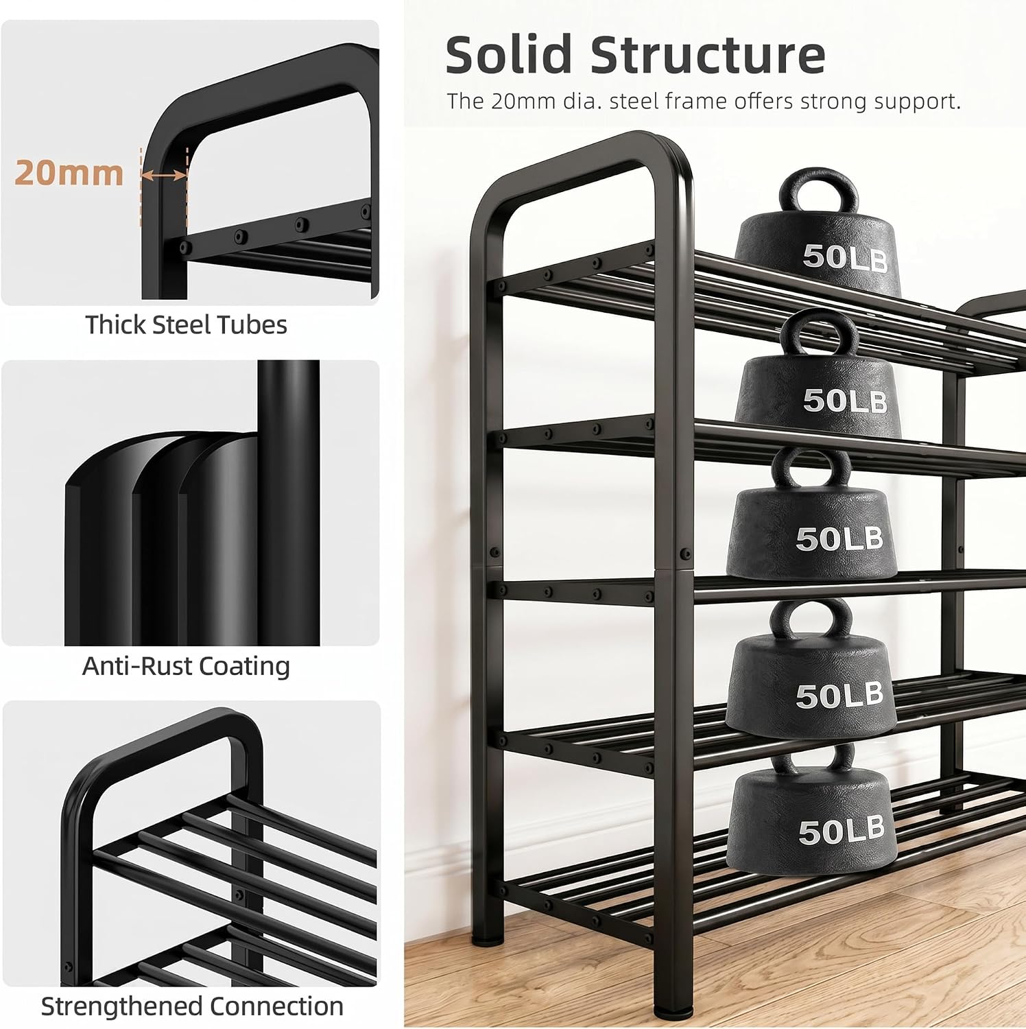 STORAGE MANIAC 5-Tier Expandable Shoe Rack, 20 Pairs Adjustable Shoe Shelf for Closet, Entryway, Hallway, Garage, Dorm, Heavy-Duty Metal Shoe Organizer for Small Space, Black
