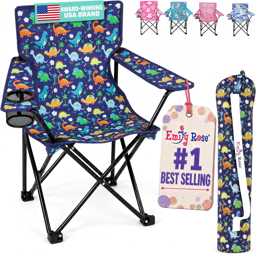 Emily Rose Playful Dinosaurs Kids Folding Camp Chair - Lightweight Portable Toddler Beach Chair Ages 2-7 with Safety Lock Cup Holder Carry Case 125 lb Capacity for Boys Girls Indoor Outdoor Adventures
