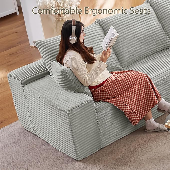 140" L Shaped Cloud Sectional Couch for Living Room, Modular Floor Deep-Seat Sofa, Big Comfy Corduroy Couches Set with Fluffy Memory Foam for Living Room Bedroom, No Assembly Required, Grey