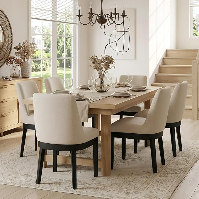 Modern Dining Chairs Set of 6 with Comfortable Back Support, Farmhouse Soft Linen Upholstered Kitchen Dining Room Chairs with Black Solid Wood Legs, Armless Accent Side Chairs for Living Room, Beige
