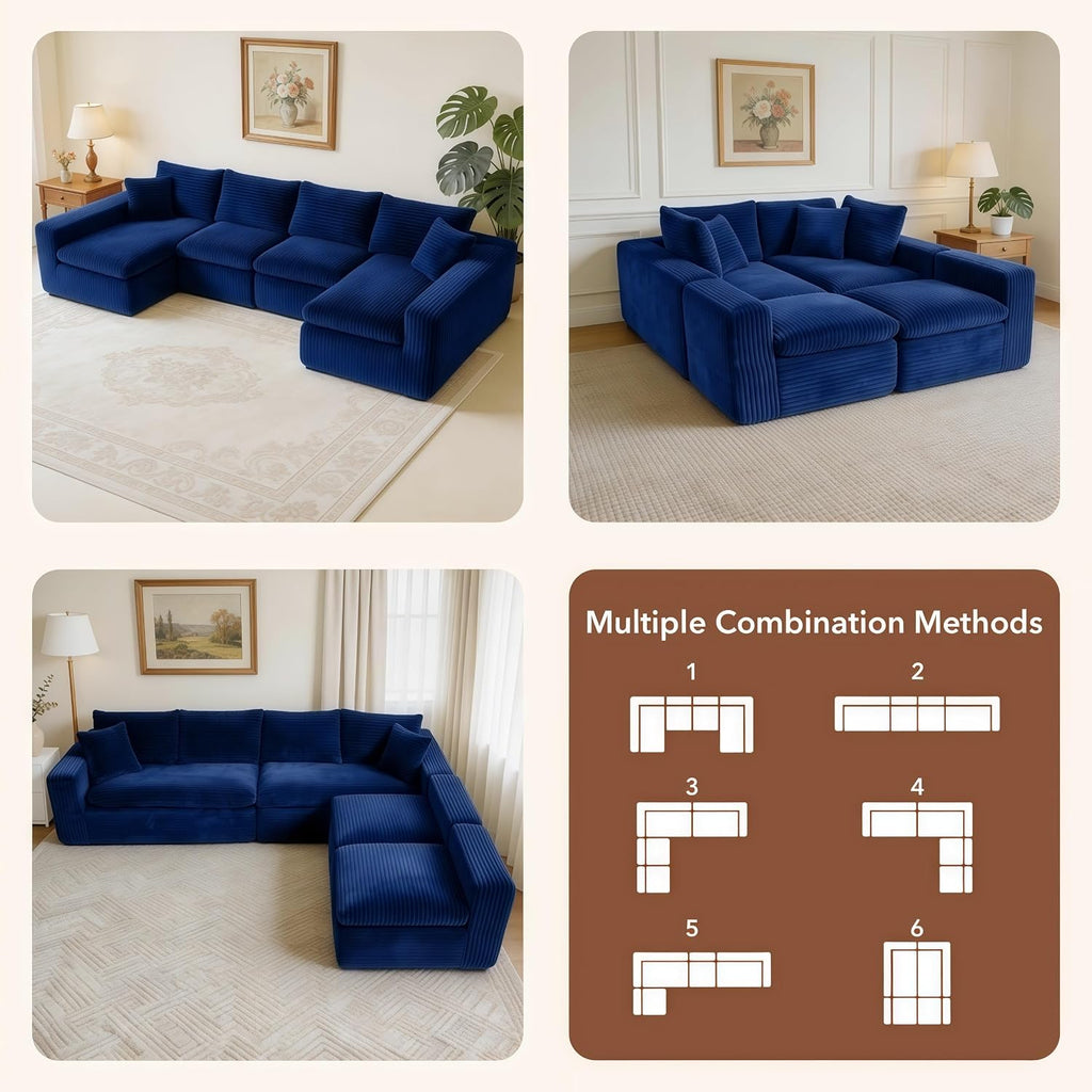 THSUPER 130'' Oversized U Shaped Deep Seat Boneless Sectional Couch. Blue | 6-Seat Plush Corduroy Cloud Sofa, No Assembly Required, 19" Extra-High Seat, 10-Year Durability, Memory Foam