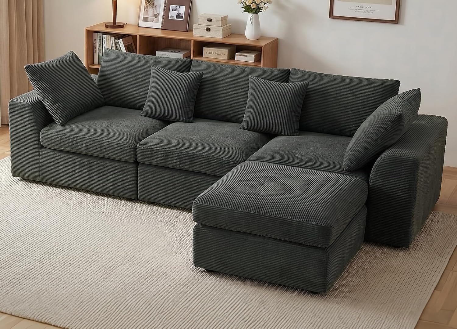 Benazcap 110'' Cloud Couch, L-Shaped Boneless Couch, Dark Grey | 3-Seat Sectional Couches for Living Room, Modular Sofa with Movable Ottoman, Deep Seat, Thick Cushion