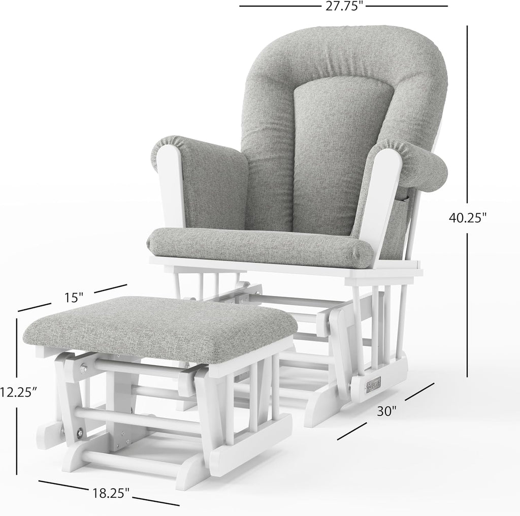 Child Craft Cozy Glider Rocker and Ottoman Set, Smooth Quiet Gliding Motion, Padded Cushion with Convenient Storage Pockets, Solid Wood Base & Frame (Matte White with Gray Cushion)