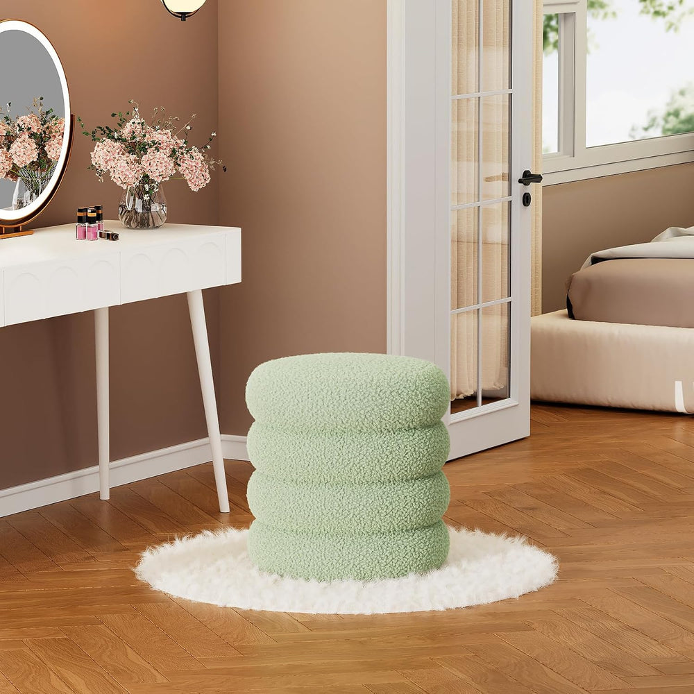 Soft Teddy Round Ottoman with Tray, 17.5 Inches Ottoman Coffee Table with Sto...