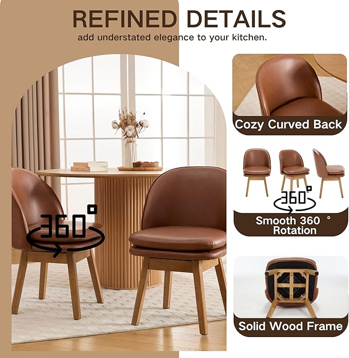 Wahson Upholstered Dining Chairs Set of 2, Modern Faux Leather Dining Room Chairs with Solid Wood Legs & Double-Padded Seat, Swivel Accent Desk Chair for Kitchen Dining Room Restaurant - Brown