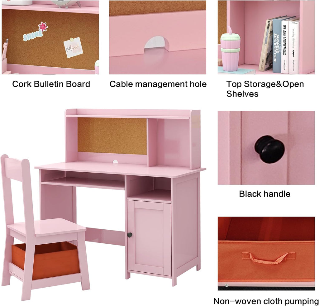 TaoHFE Pink Kids Desk and Chair Set, Kids Desk Chair with Storage and Shelf | Wooden Kids Table and Chairs for Bedroom and Study, Craft Table with Storage Gifts for Girls to Study