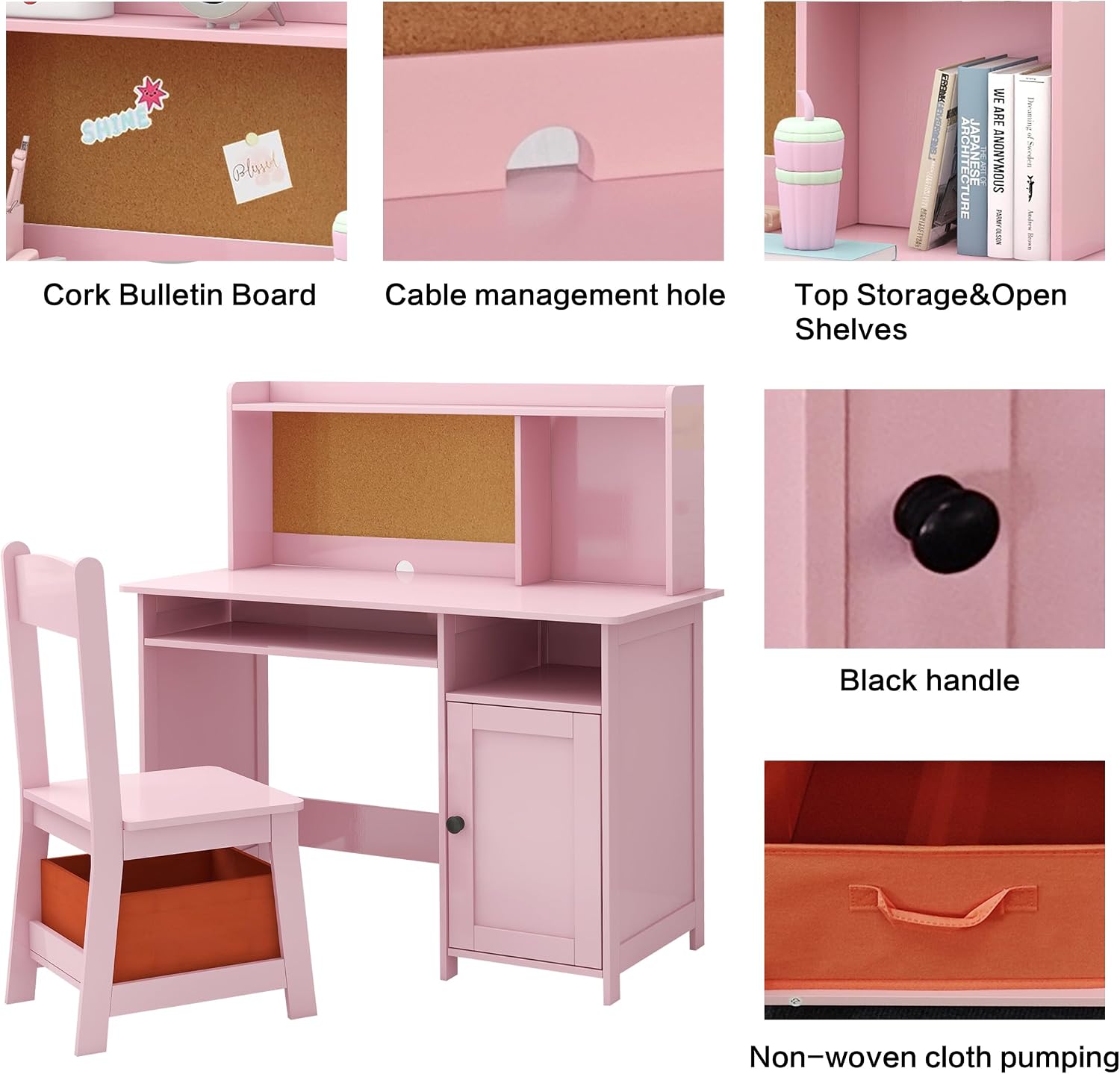 TaoHFE Pink Kids Desk and Chair Set, Kids Desk Chair with Storage and Shelf | Wooden Kids Table and Chairs for Bedroom and Study, Craft Table with Storage Gifts for Girls to Study