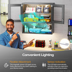 VINGLI Metal Wall Cabinet with Locking Glass Doors & Magnetic LED Sensor Light, Adjustable Shelf, Wall Mounted Storage Display Cabinets for Garage, Kitchen, Home Office, Warehouse, Living Room, Black