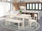 East West Furniture CAAD5C-LWH-LC 5 Piece Kitchen Table Set for 4 Includes a Rectangle Dining Room Table and 2 Faux Leather Dining Chairs with 2 Benches, 36x60 Inch, Linen White