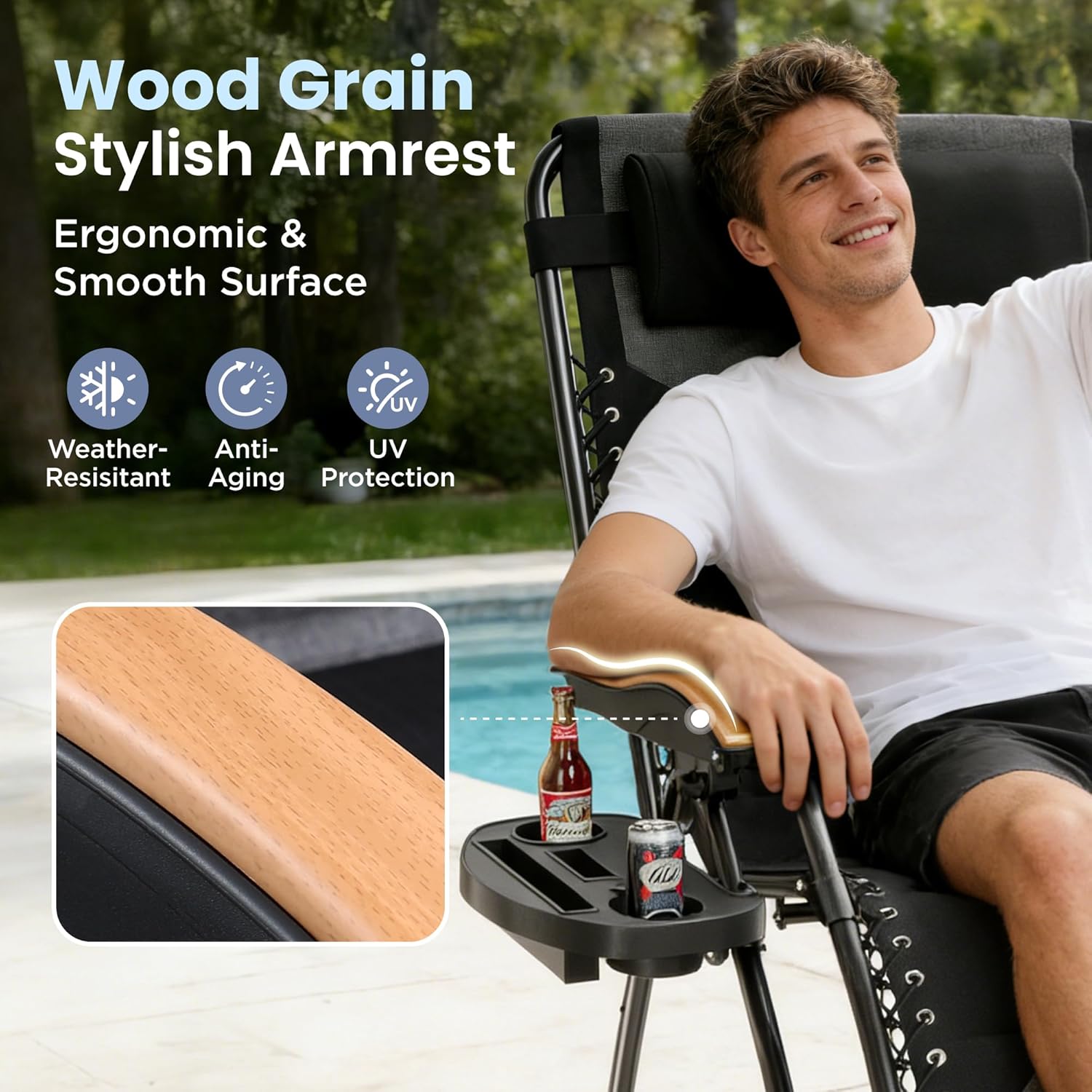 PHI VILLA XXL Oversized Padded Zero Gravity Chair, Foldable Patio Recliner, 30" Wide Seat Anti Gravity Lounger with Cup Holder, Support 400 LBS (Black)