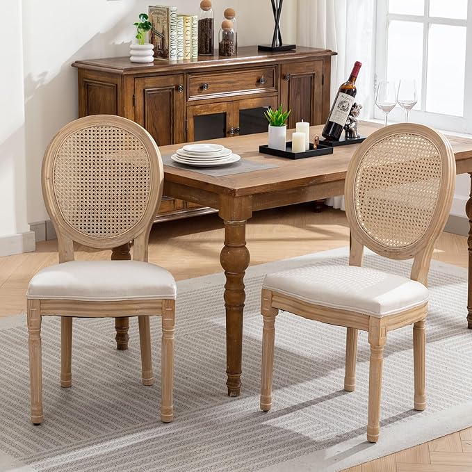 French Country Dining Chairs Set of 2, Cream Kitchen & Dining Room Chairs Set of 2, Ivory Rattan Dining Chairs, Cane Back, Wood Legs, Sillas De Comedor (Rattan, Beige, 2Pcs)
