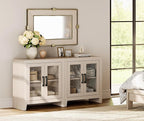 WAMPAT Farmhouse TV Stand for TVs up to 65”, Rustic Wood Entertainment Center with Adjustable Shelf, Glass Doors & Storage, Media Console Cabinet for Living-Room, Bedroom, Beige