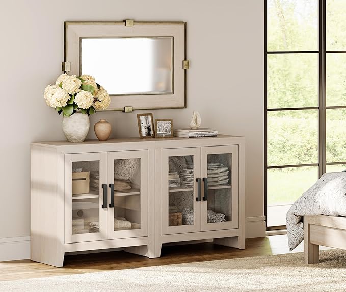WAMPAT Farmhouse TV Stand for TVs up to 65”, Rustic Wood Entertainment Center with Adjustable Shelf, Glass Doors & Storage, Media Console Cabinet for Living-Room, Bedroom, Beige