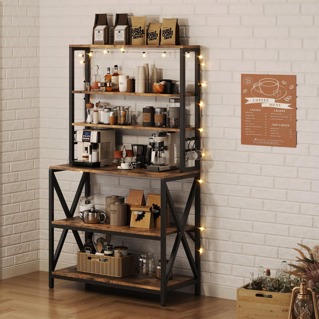 Yaheetech 6-Tier Bakers Rack,31.5“Coffee Bar,Microwave Stand,Rustic Brown | Farmhouse Microwave Oven Stand Cabinet for Small Spaces, Corner Organizer Storage Shelf for Spices and Pots