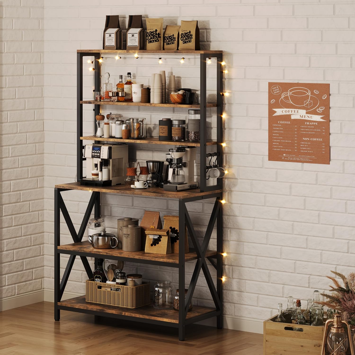 Yaheetech 6-Tier Bakers Rack,31.5“Coffee Bar,Microwave Stand,Rustic Brown | Farmhouse Microwave Oven Stand Cabinet for Small Spaces, Corner Organizer Storage Shelf for Spices and Pots