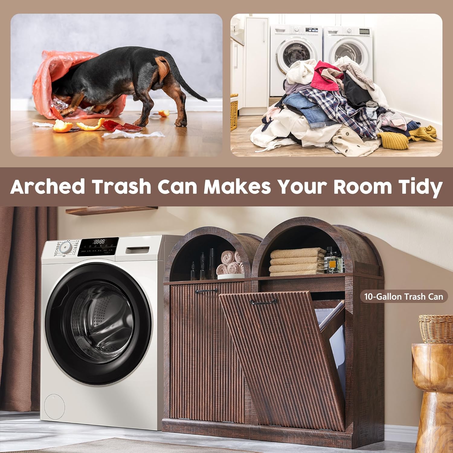 Arched Tilt-Out Trash Can Cabinet, Fluted 10 Gallon Trash Can Cabinet Set of 2, Modern Laundry Hamper, Hidden Garbage with Storage Basket for Kitchen, Living Room, Brown
