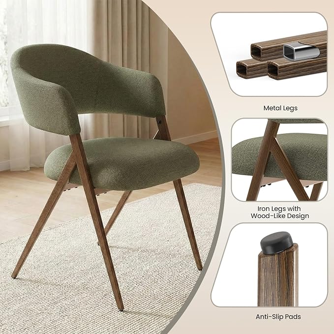 Dining Room Chairs Set of 4, Upholstered Dining Room Chairs, Mid Century Fabric Kitchen Chairs with Curved Backrest and Metal Legs, Green