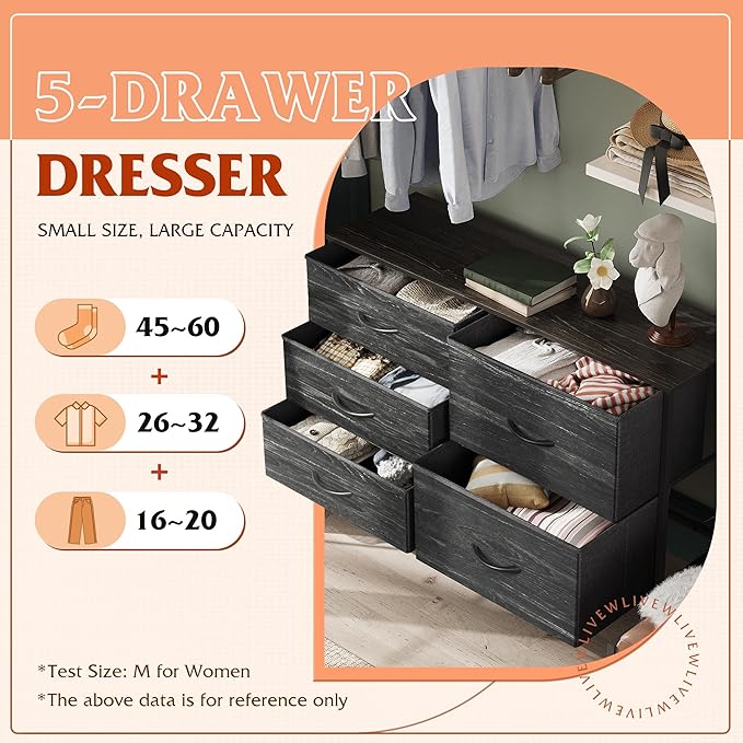 WLIVE Dresser for Bedroom with 5 Drawers, Wide Dressers with Drawer Organizer...