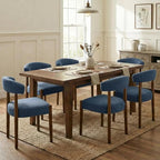 VKNOW Wooden Dining Chairs Set of 6, Modern Upholstered Dining Room Chairs with Walnut Wood Legs and Curved Backrest, Fabric Kitchen Chairs for Farmhouse/Living Room/Dining Room, Blue
