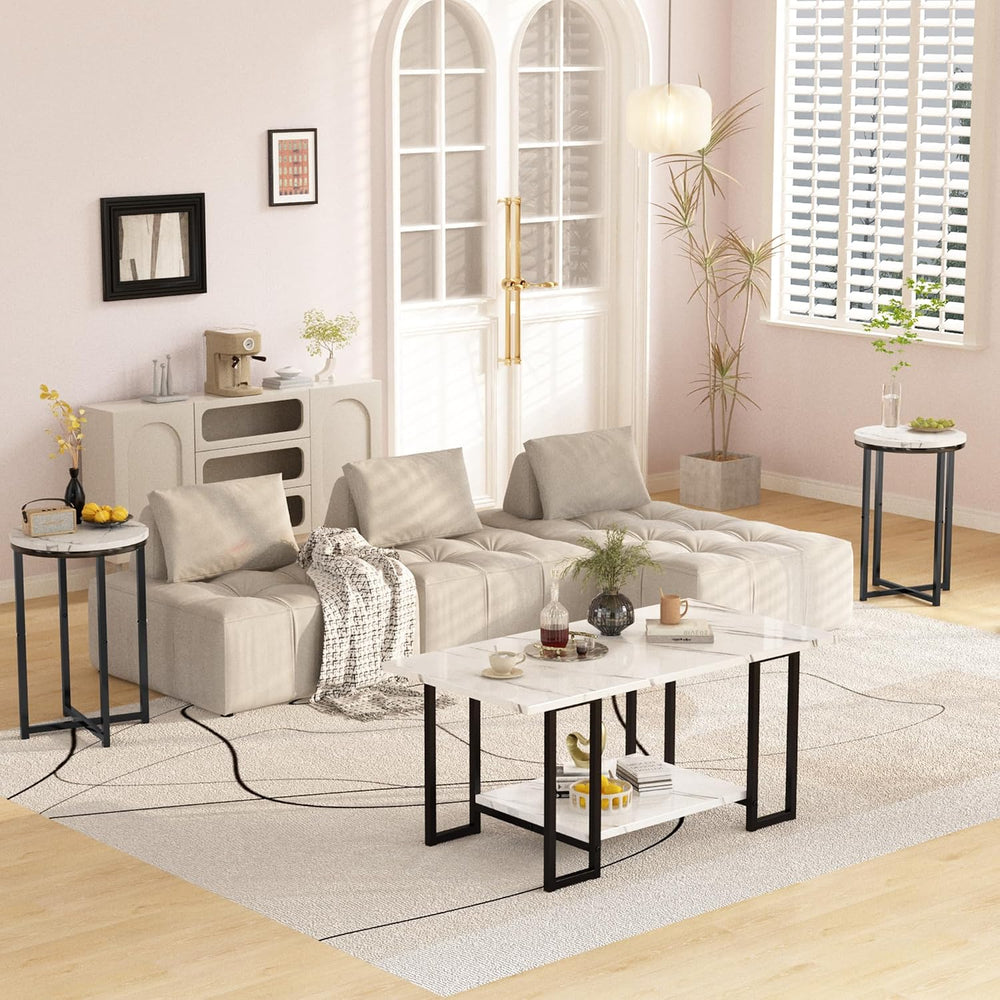 Lamerge 3 Pieces Living Room Table Set, Faux Marble Coffee Table with 2 Round...