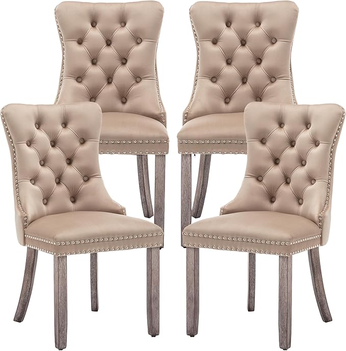 Mid Century Modern Dining Chair Set of 4 Velvet Upholstered Dining Accent Chair Farmhouse Dining Chairs with High Back and Nailhead Trim for Kitchen, Living Room, Bedroom (Khaki)