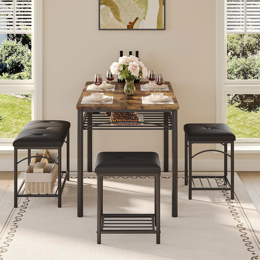 4-Piece Dining Table Set for 4, Industrial Table with Bench & Stools | 4-Piece Dining Table Set for 4, Industrial Table with Bench & Stools