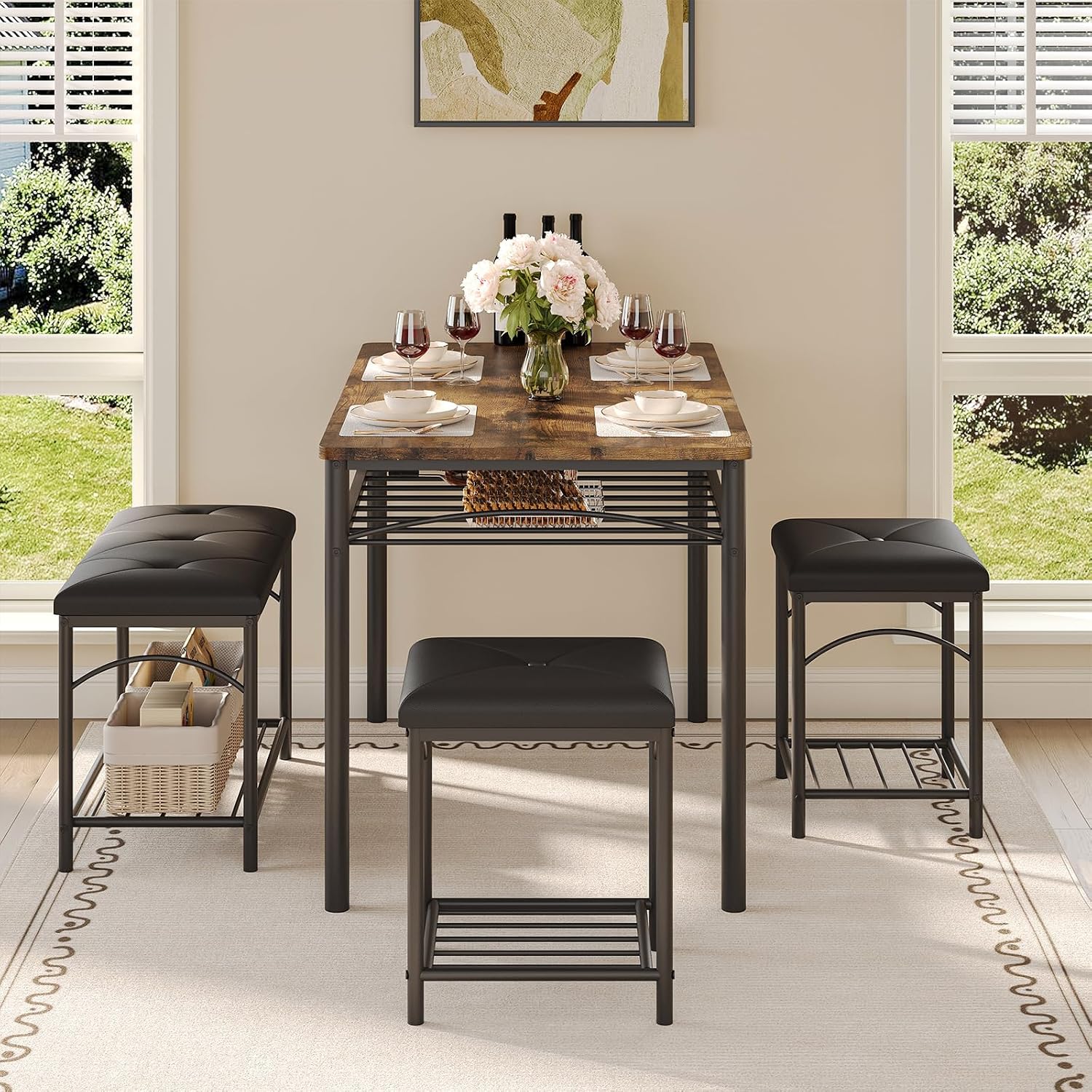 4-Piece Dining Table Set for 4, Industrial Table with Bench & Stools | 4-Piece Dining Table Set for 4, Industrial Table with Bench & Stools