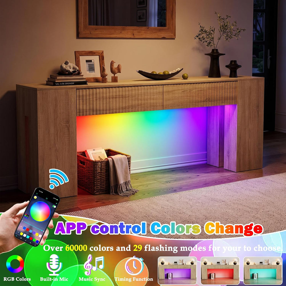 PAKASEPT 82.6 Inch Console Table with RGB LED Lights, Fluted Wood Entryway Ta...