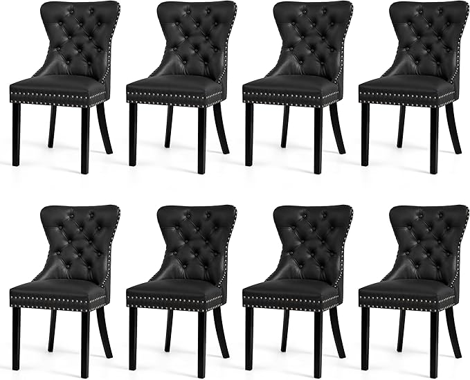 SyMax Dining Chairs Set of 8, Faux Leather Parson Dining Room Chairs, High-End Tufted Kitchen Side Chairs for Dining Room, Living Room, Black, 8PCS