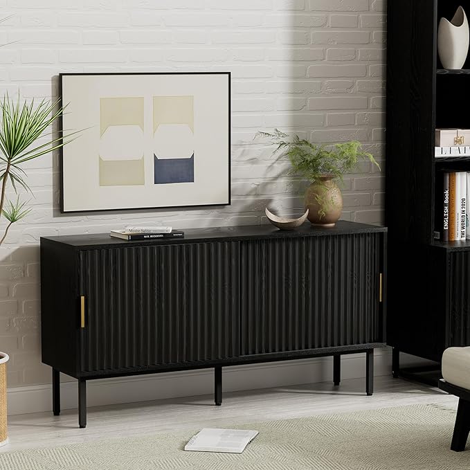 Black Fluted Tv Stand with Sliding Doors, 47" Mid Century Entertainment Center with Adjustable Shelf, Wooden Media TV Console with Storage Cabinet
