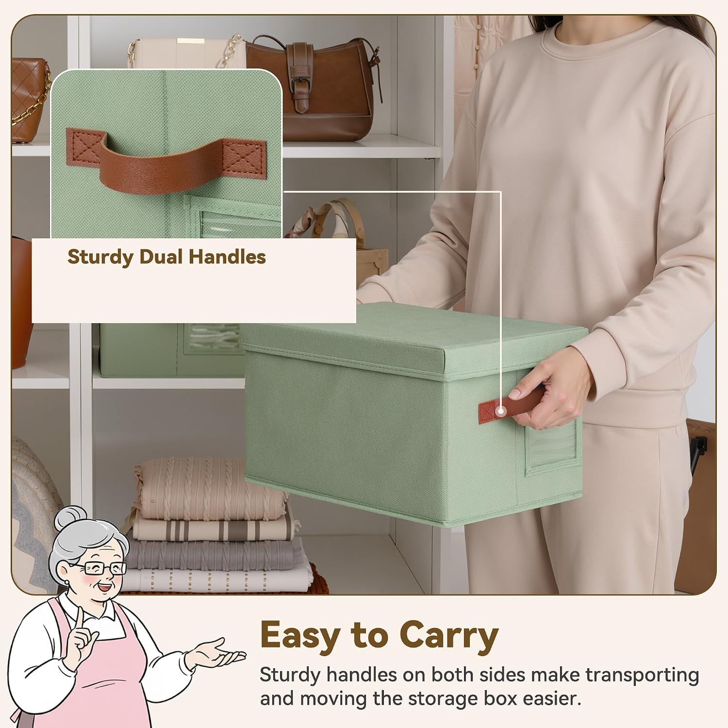 GRANNY SAYS Storage Basket with Lid, Linen Fabric Storage Bins with Label, Decorative Storage Boxes, Clothes Storage and Organization, Memory Keepsake Box, 3-Pack, Green