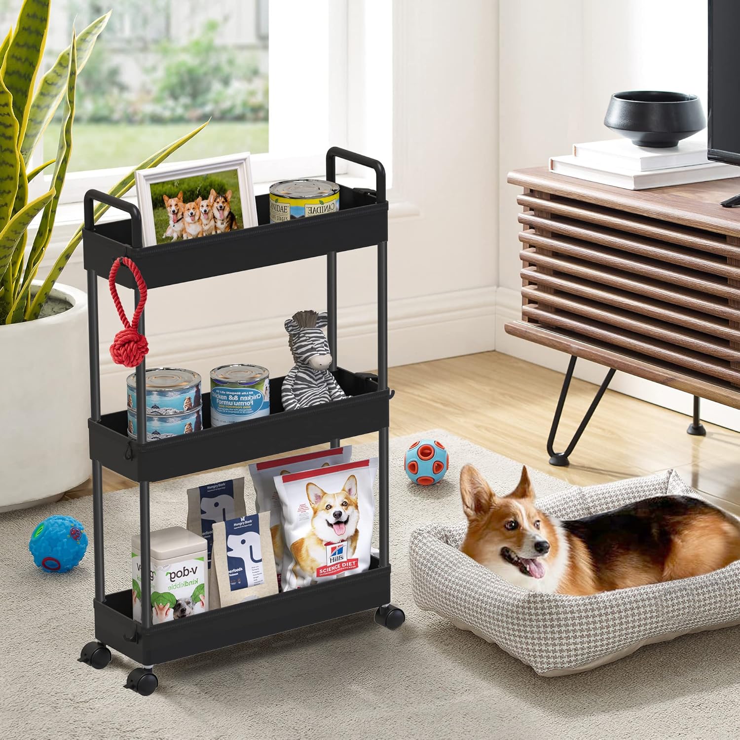 SOLEJAZZ Slim Rolling Storage Cart with Wheels 3 Tier Skinny Bathroom Storage Organizer Thin Laundry Room Utility Cart Space-Saving for Bedside Kitchen Office Small Narrow Places, Black